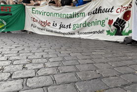 Transparent beim Globalen Klimastreik in Mannheim. Aufschrift: Enviromentalism without class struggle is just Gardening